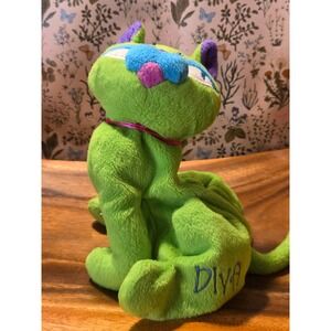 😎Floppy Friends Lime Green Cat Plush Toy "Diva" Bean Bag‎ 2000 Vintage